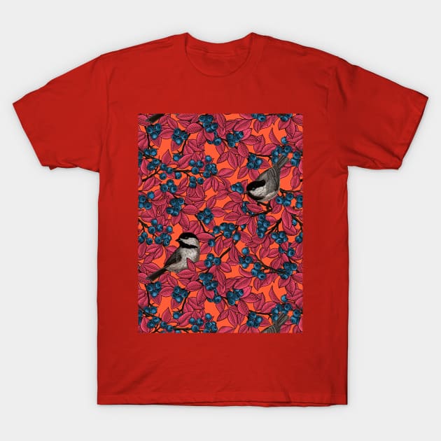 Chickadee birds on blueberry branches in red T-Shirt by katerinamk